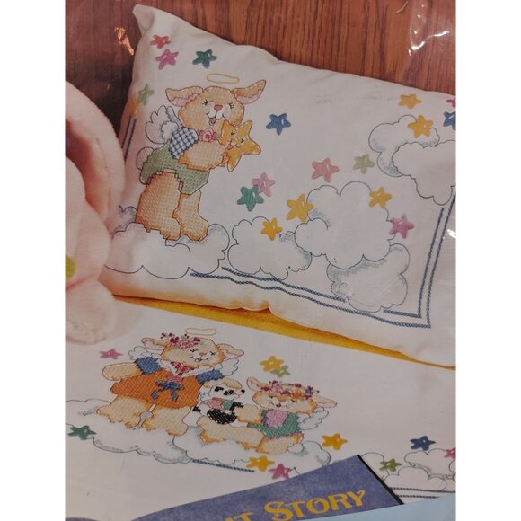 Bucilla Heavenly Bunnies Stamped Cross Stitch Kit Sheet & Pillowcase Set 41088 - Picture 2 of 4